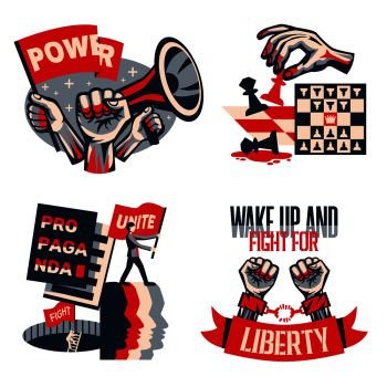 Revolution political slogans concept 4 vintage constructivist compositions set with calls unity liberty freedom isolated vector illustration