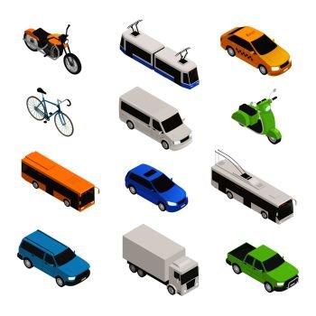 City transport isometric icon set with different isolated taxi bus bike motorcycle trolley bus pickup vector illustration