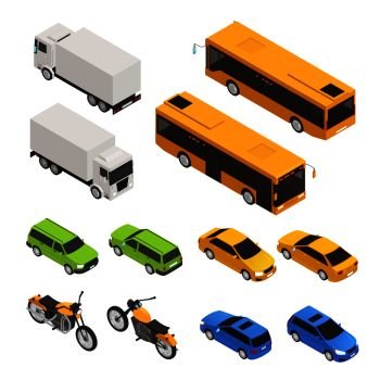 Isometric colored city transport set with different truck bus cars in two sides vector illustration