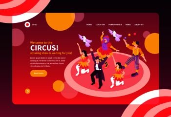 Isometric circus performers show concept banner web site landing page design background with text and images vector illustration