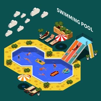 Water park aquapark isometric composition with sun loungers waterslides and open pools with people and text vector illustration