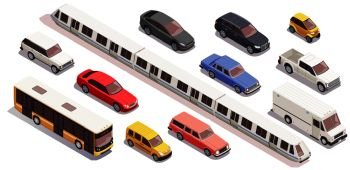 Transport isometric icons set with bus car train van isolated on white background 3d vector illustration