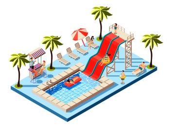 Aquapark isometric composition with water rides and swimming pool vector illustration