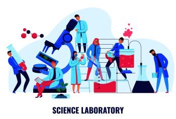 Scientists making biological and chemical experiments in science laboratory flat vector illustration
