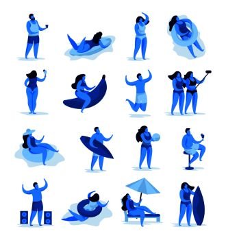 Set of isolated summer party concept images with human characters and beach activities on blank background vector illustration