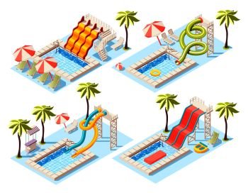 Aquapark isometric concept set with entertainment sunbathing and swimming symbols vector illustration