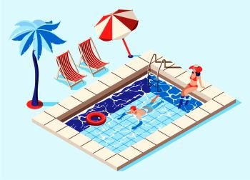 Swimming pool isometric concept with palms and chaise lounges symbols vector illustration