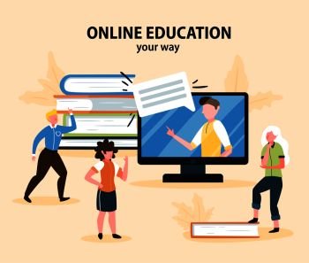 Online education background composition with doodle characters of young people with books and screen with teacher vector illustration