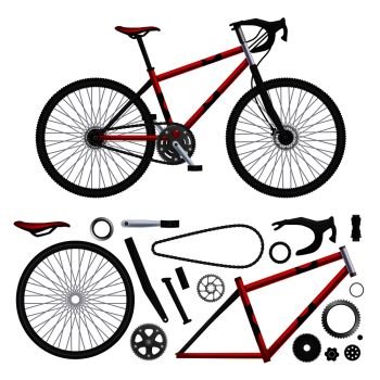 Realistic bicycle parts set of isolated bike elements and built-up model images on blank background vector illustration