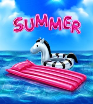 Summer realistic blue poster with  inflatable swimming life raft for kids at sea background realistic vector illustration