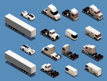 Auto transport freight commercial vehicles isometric icons set with trucks trailers lorries vans sport cars vector illustration