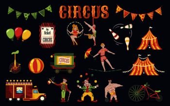 Circus retro vintage set of isolated doodle style images human characters of performers and professional equipment vector illustration