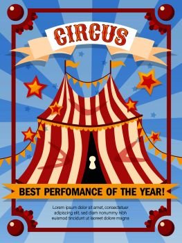 Circus poster with advertising background vintage style frames signs and big top booth with editable text vector illustration