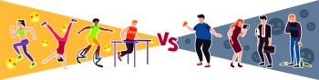 Sport vs lazy design concept with people leading unhealthy lifestyle and group of athletes engaged in workout flat vector illustration