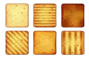 Set of square roasted toasts bread realistic images with different patterns and toppings on blank background vector illustration