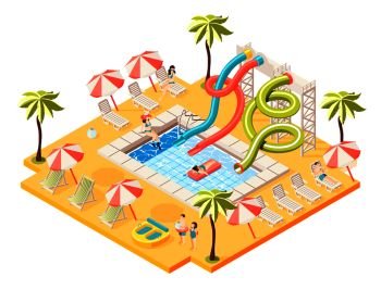 Aquapark isometric concept with entertainment sunbathing and swimming symbols vector illustration