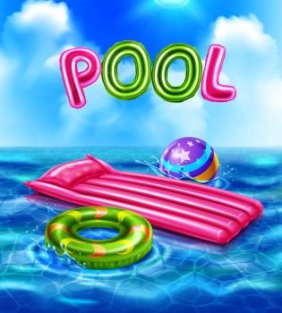 Pool realistic poster with inflatable accessories for kids swimming on blue waves realistic vector illustration