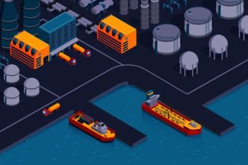 Isometric petroleum industry horizontal composition with view of coast station with plant buildings and cargo ships vector illustration
