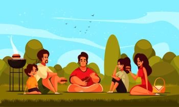 Bbq picnic composition with suburban landscape and doodle style characters of kids and adults eating barbecue vector illustration