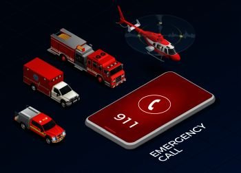 Emergency call and transport with helicopter ambulance fire engine isometric set isolated on blue background 3d vector illustration