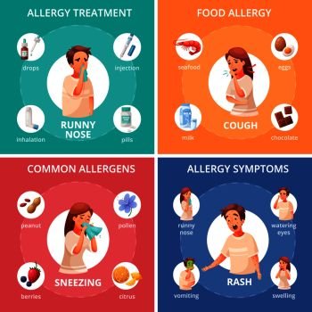 Allergy concept icons set with food allergy symbols cartoon isolated vector illustration
