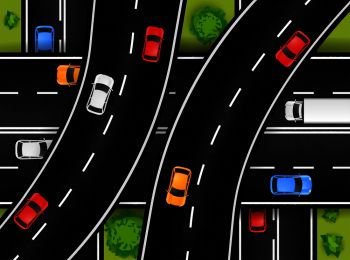 Road junction top view composition with outdoor scenery and motorway drive with flyovers and colourful cars vector illustration