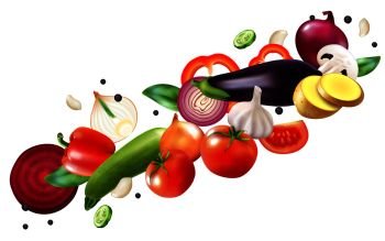 Realistic flying vegetables composition on blank background with pieces of ripe and sliced fruits in motion vector illustration