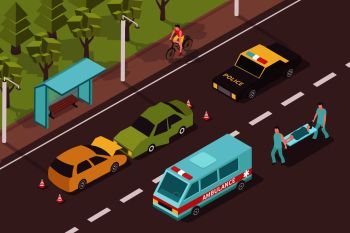Accident crash isometric composition with outdoor scenery and damaged cars with ambulance police and people characters vector illustration
