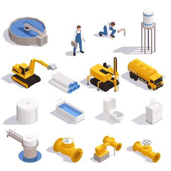 Water supply isometric set with purification reservoir pipeline digger excavator tower bathtub toilet sink plumber vector illustration. Water Supply Isometric Set
