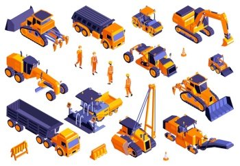 Set of isolated road construction icons and isometric images of machinery trucks and bulldozers with workers vector illustration. Isometric Road Construction Icons