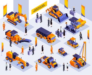 Isometric construction exhibition composition with indoor scenery of expo booth with road machinery vehicles and people vector illustration. Road Construction Exhibition Composition