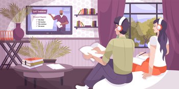 Language lessons online composition with flat home interior and couple in headphones listening to tv tutor vector illustration. Distant Language Lessons Composition