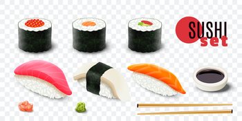Realistic fresh sushi set on transparent background isolated vector illustration. Realistic Sushi Set