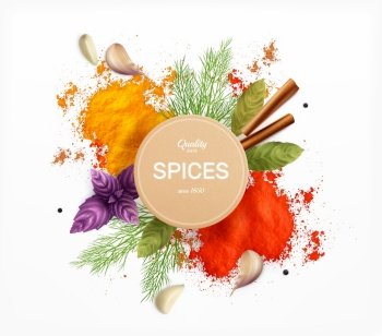 Spices and herbs emblem decorated with leaves of dill basil bay and powder of curry and paprika realistic vector illustration. Spices And Herbs Realistic Emblem