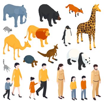 Isometric zoo set of isolated icons adult visitors with kids and animals from across the world vector illustration. Isometric Zoo Icons Collection
