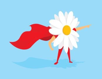 Cartoon illustration of flower power super hero with cape