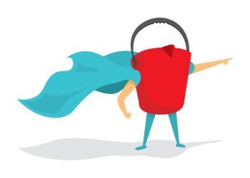 Cartoon illustration of red bucket super hero saving the day
