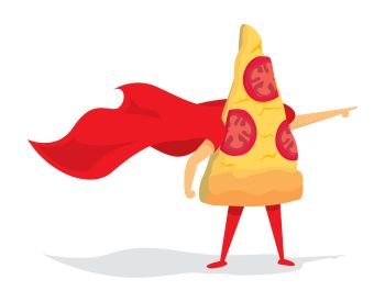 Cartoon illustration of pizza super hero saving the day
