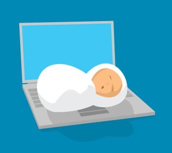 Cartoon illustration of newborn baby sleeping on laptop