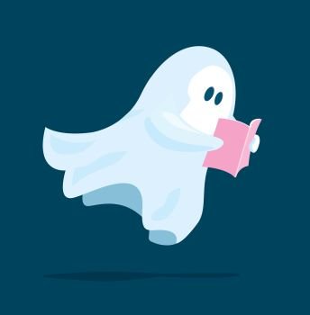 Cartoon illustration of cute ghost floating while reading a book