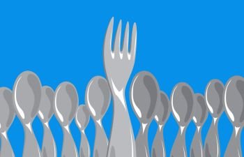 Cartoon illustration of many spoons around an powerful fork