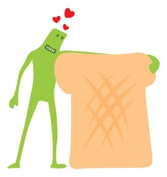 Cartoon illustration of funny doodle character hugging a toast