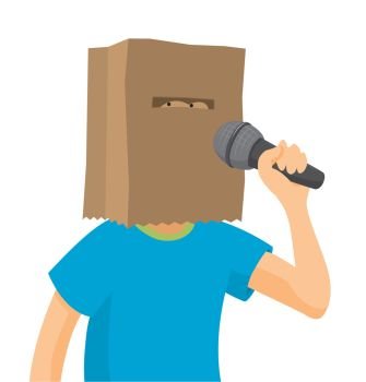 Cartoon illystration of shy man singing with paper bag on his head