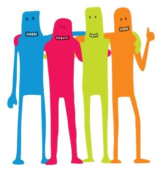 Cartoon illustration of happy gang of colorful friends hugging
