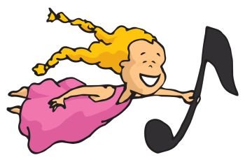 Cartoon illustration of smiling girl grabbing a huge musical note