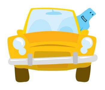 Cartoon illustration of blue man driving a yellow car