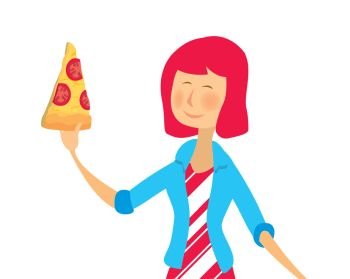 Cartoon illustration of casual girl eating tomato pizza