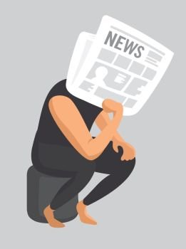 Cartoon illustration of newspaper sitting as thinker 