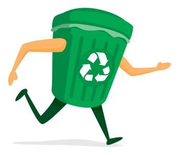 Cartoon illustration of recycling bin on the run