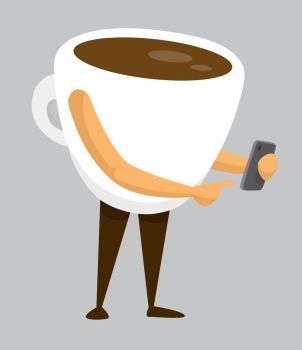 Cartoon illustration of hot coffee using a mobile phone